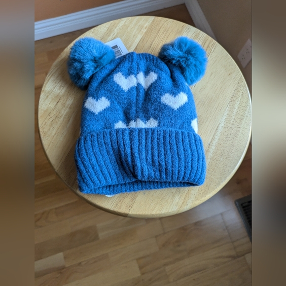 L.L.K Jids Girls Beanie Pom Pom Blue with Hearts White 100% Acrylic Winter - Picture 2 of 6
